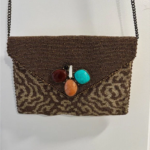 NWT Mary Frances Gold and Brown Handcrafted Gemstone Beaded Handbag - Picture 2 of 15